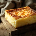 Close-up of a beautifully baked Bento Cake with a golden crust and soft texture on a rustic wooden table