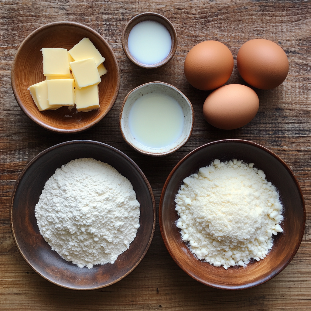 Bento-Cake-Ingredients Flat lay of Bento Cake ingredients including flour, eggs, butter, sugar, and vanilla on a rustic wooden table.