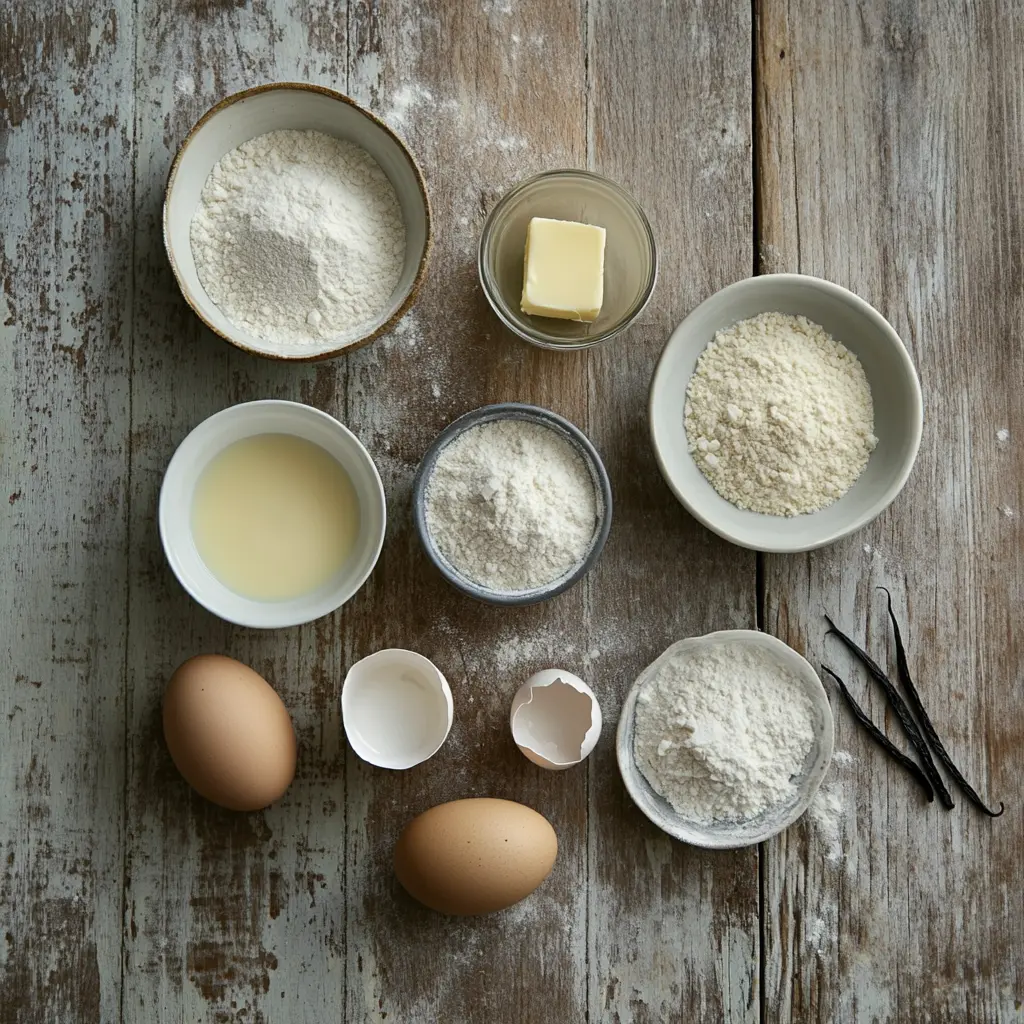 Mini Cupcakes Ingredients Flat lay of ingredients for Mini Cupcakes on a rustic wooden surface.