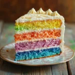 Close-up of a beautifully baked Rainbow Cake with golden crust and soft, colorful layers.