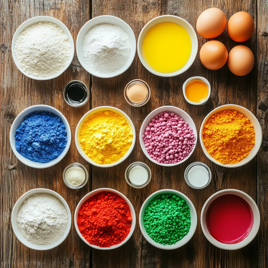 Rainbow Cake Ingredients Flat lay of colorful ingredients for Rainbow Cake: flour, eggs, butter, sugar, milk, vanilla, gel food coloring.