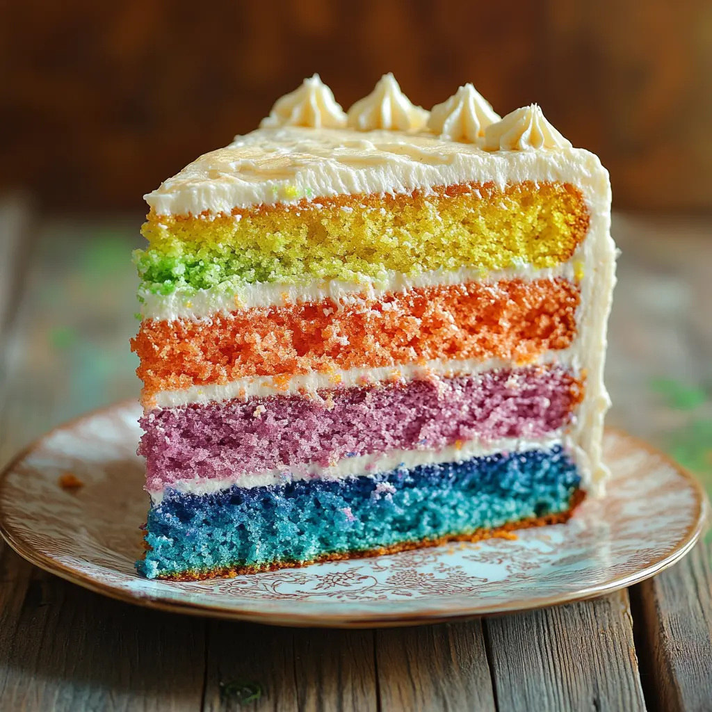 Close-up of a beautifully baked Rainbow Cake with golden crust and soft, colorful layers.