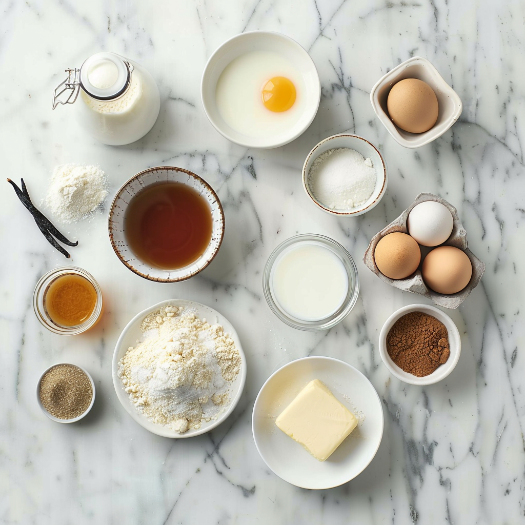 Baking ingredients for homemade happy birthday cake on a marble surface
