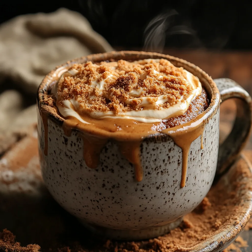 Close-up of Biscoff Mug Cake with melted cookie butter swirls and soft cake texture