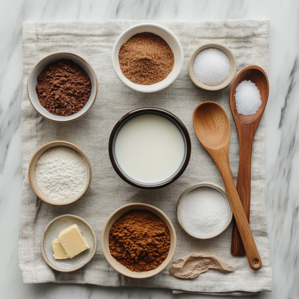 Flat lay of Biscoff Mug Cake ingredients on a soft neutral linen with baking tools