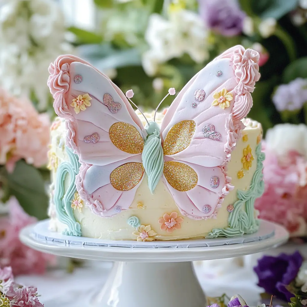 Whimsical butterfly cake decorated with pastel icing and fondant wings