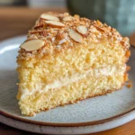 Close-up of moist Coconut Vanilla Almond Cake slice with toasted coconut and almonds
