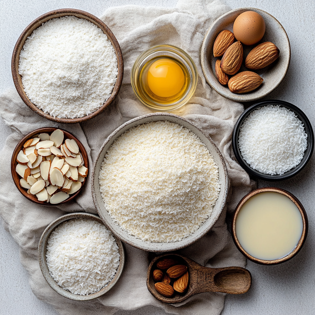 coconut-vanilla-almond-cake-ingredients Flat lay of ingredients for Coconut Vanilla Almond Cake on rustic kitchen towe