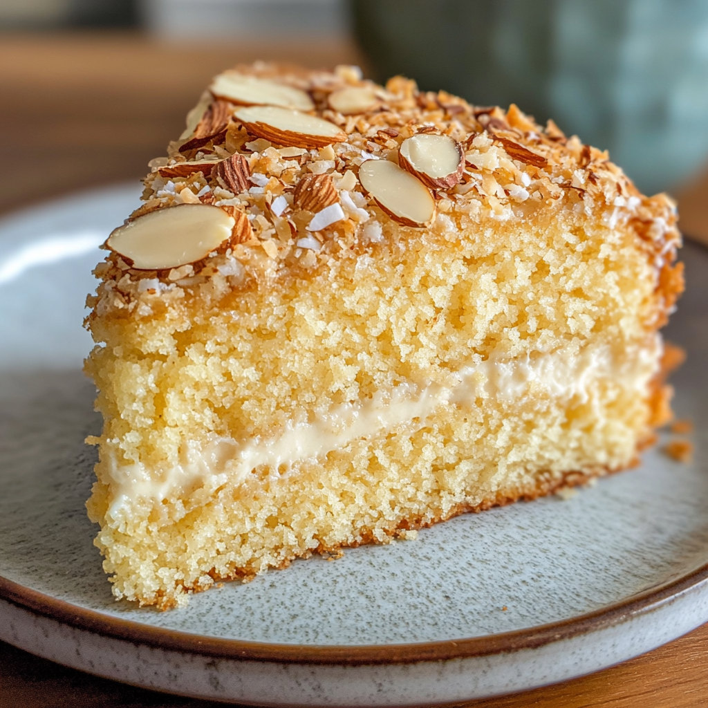 coconut-vanilla-almond-cake Close-up of moist Coconut Vanilla Almond Cake slice with toasted coconut and almonds