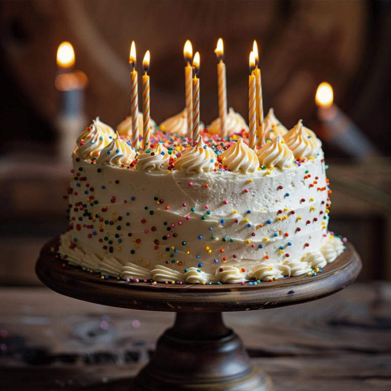 Moist vanilla happy birthday cake with candles and buttercream frosting