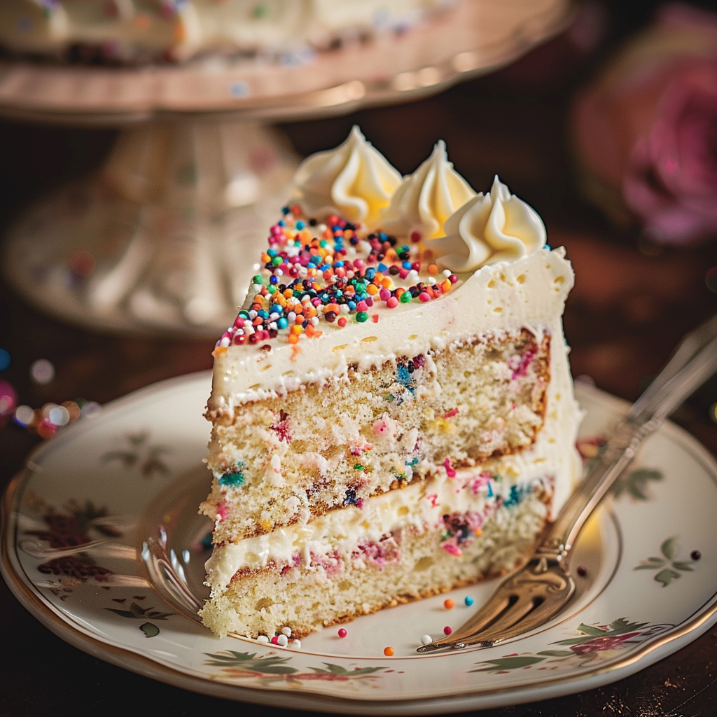 Slice of moist happy birthday cake with buttercream frosting