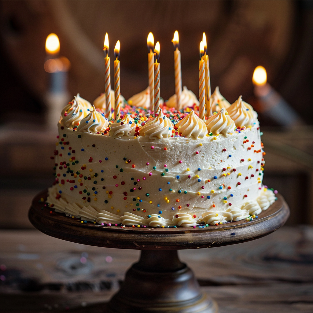 Moist vanilla happy birthday cake with candles and buttercream frosting