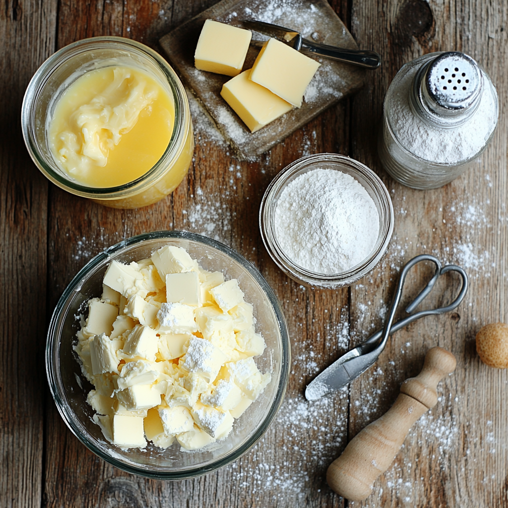 lemon-dump-cake-cream-cheese-ingredients Flat lay of Lemon Dump Cake with Cream Cheese ingredients on rustic kitchen table