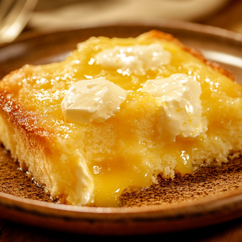 lemon-dump-cake-cream-cheese Golden Lemon Dump Cake with pockets of cream cheese and glossy lemon curd