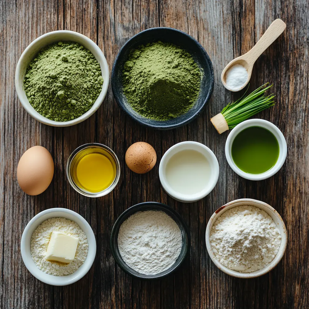 matcha-cake-ingredients Flat lay of Matcha Cake ingredients on a rustic wooden table