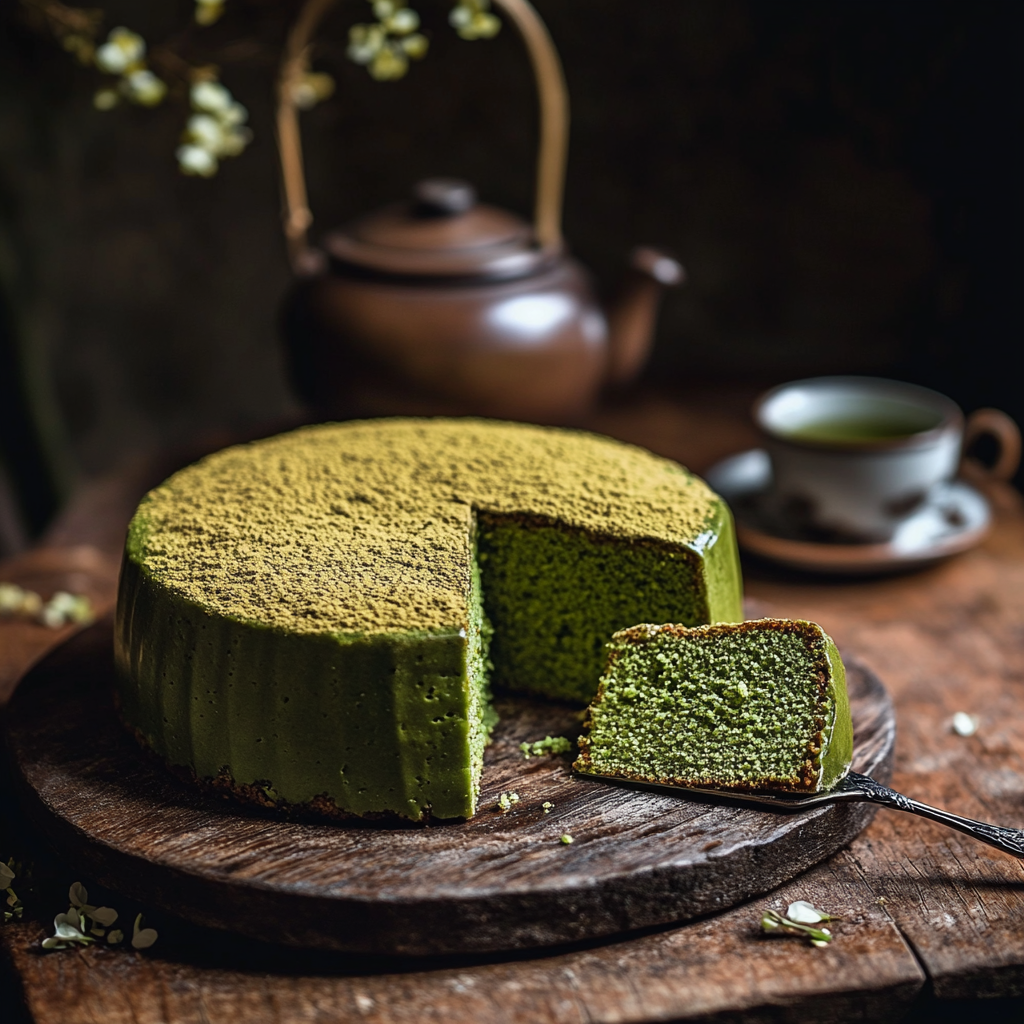 Freshly baked Matcha Cake with a slice cut, showing moist green layers