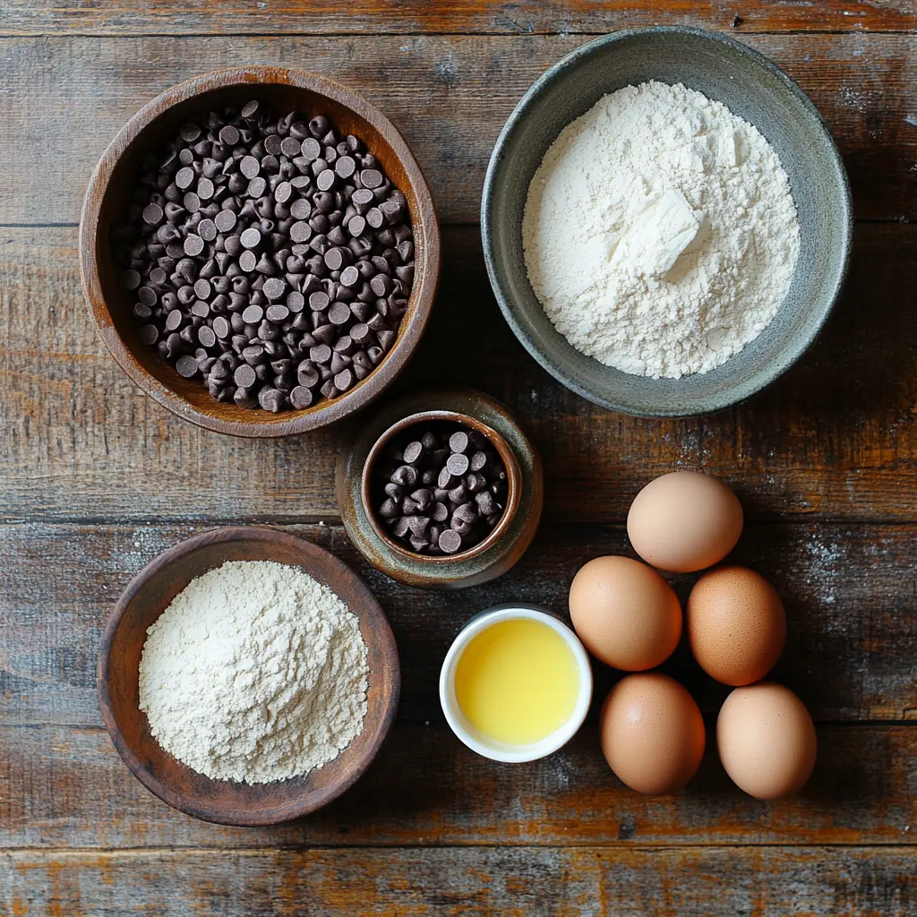 Flat lay of Matilda Cake ingredients including cocoa, flour, eggs, and chocolate chips