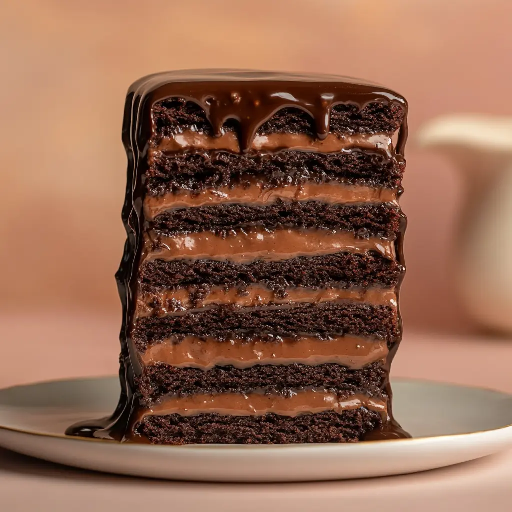 Decadent slice of Matilda Cake with thick chocolate ganache and moist cake layers