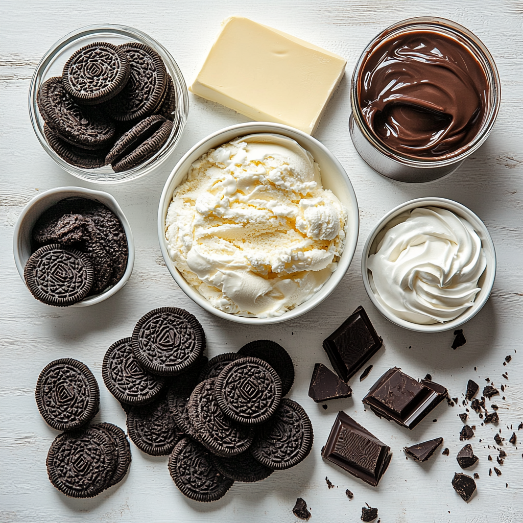 oreo-ice-cream-cake-ingredients Flat lay of Oreo ice cream cake ingredients with clear labels on a rustic table