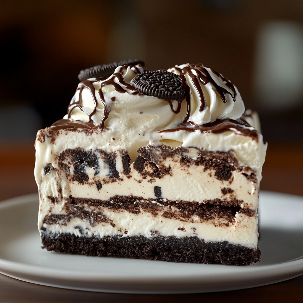 oreo-ice-cream-cake Layered Oreo ice cream cake showing crust, ice cream, fudge, and whipped topping