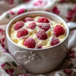 Close-up of Raspberry White Chocolate Mug Cake with white chocolate and juicy raspberries
