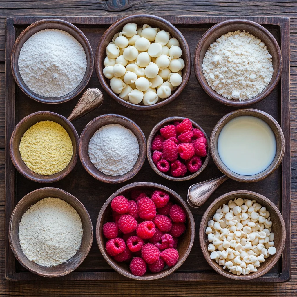 Flat lay of Raspberry White Chocolate Mug Cake ingredients on a rustic wooden tray
