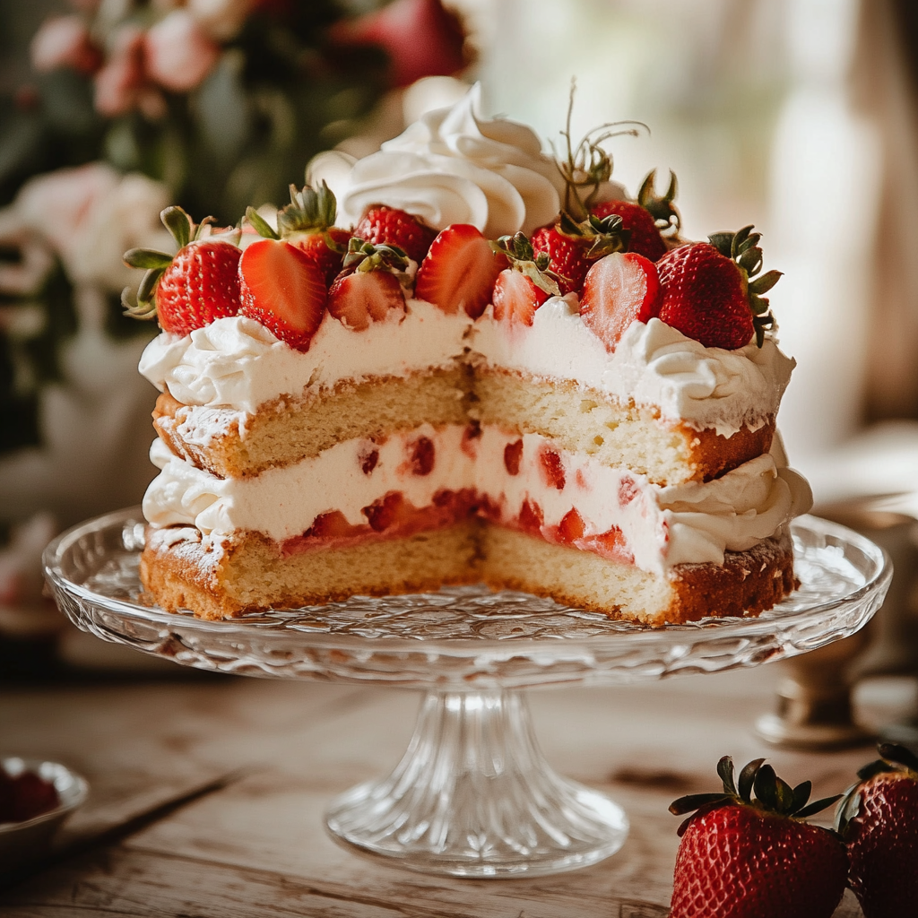 strawberry-ladyfinger-cake Layered Strawberry Ladyfinger Cake with mascarpone cream, berries, and whipped topping