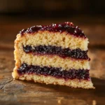 This image captures the rich features of Tennessee Jam Cake, from its soft, cinnamon-spiced crumb to the luscious streaks of blackberry jam woven through every bite
