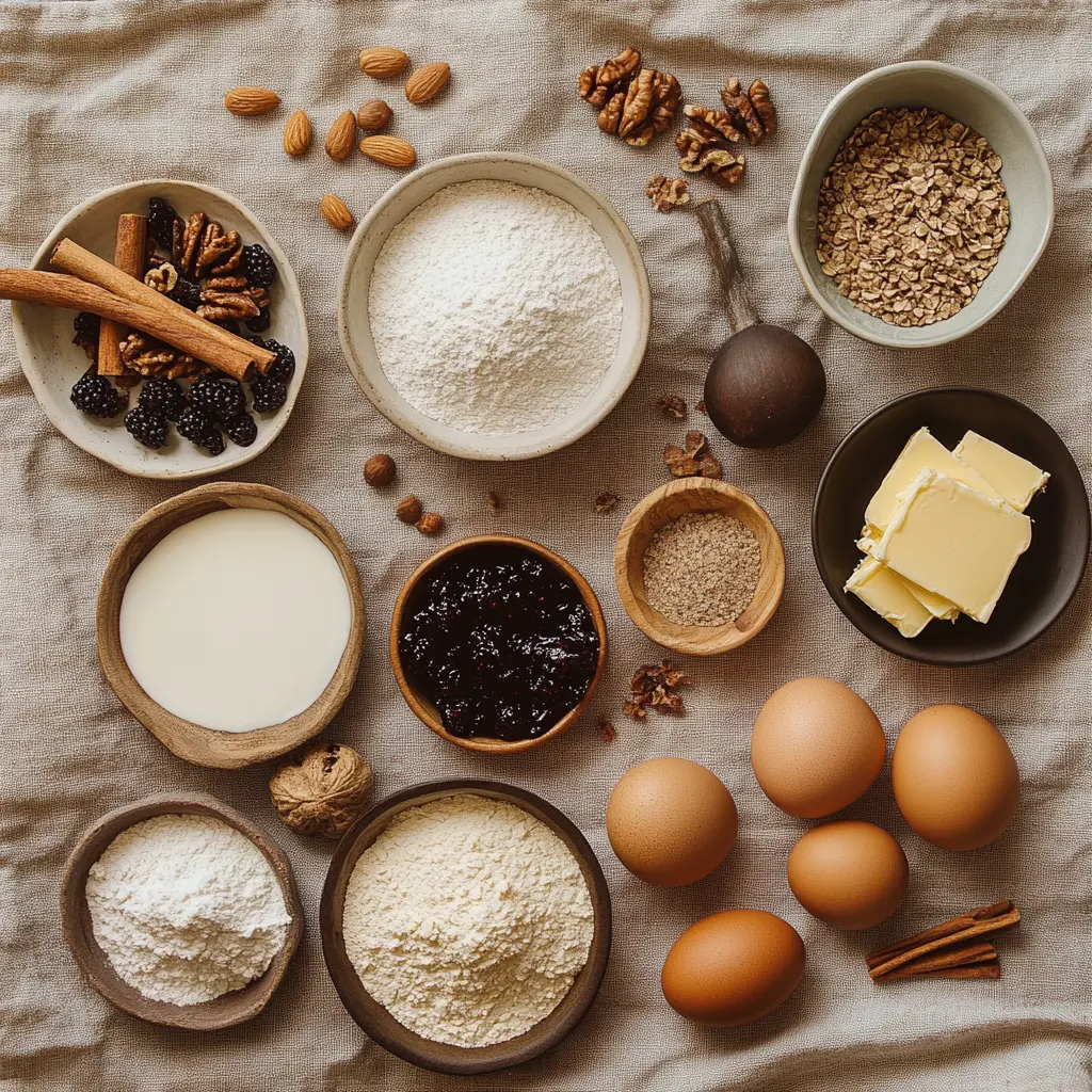 tennessee-jam-cake-ingredients Rustic flat lay of Tennessee Jam Cake ingredients on a farmhouse table