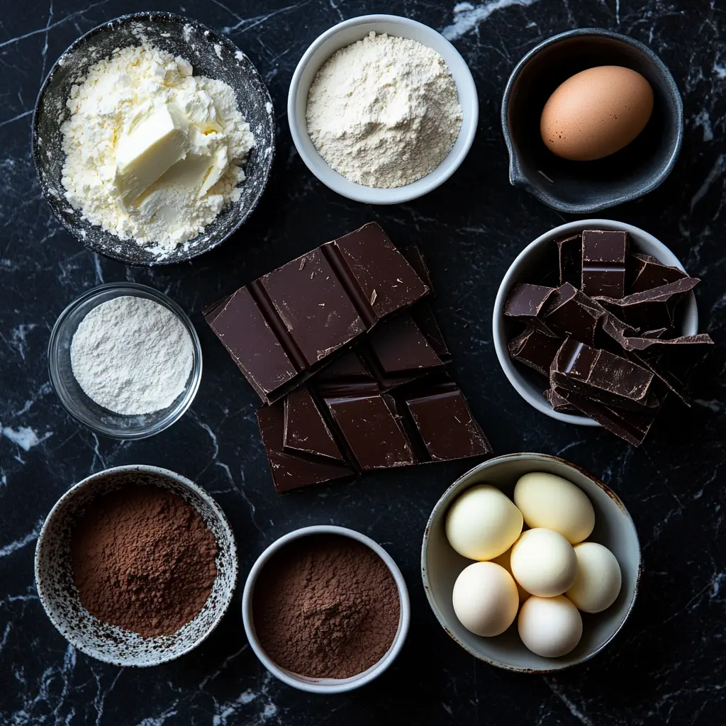 tuxedo-cake-ingredients Flat lay of ingredients for Tuxedo Cake including dark and white chocolate, cream, and cocoa