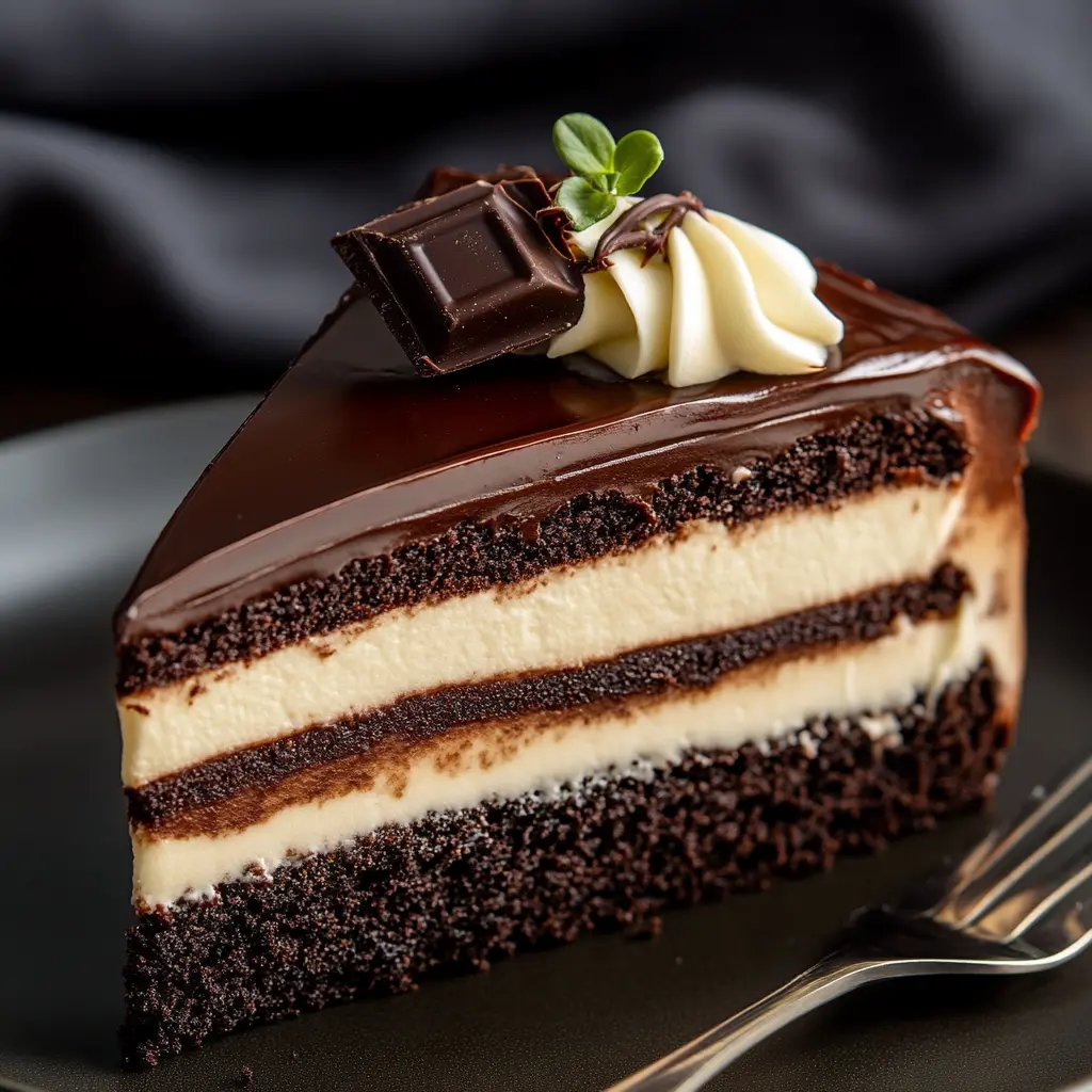 Slice of Tuxedo Cake showing dark chocolate cake and white mousse layers with ganache topping