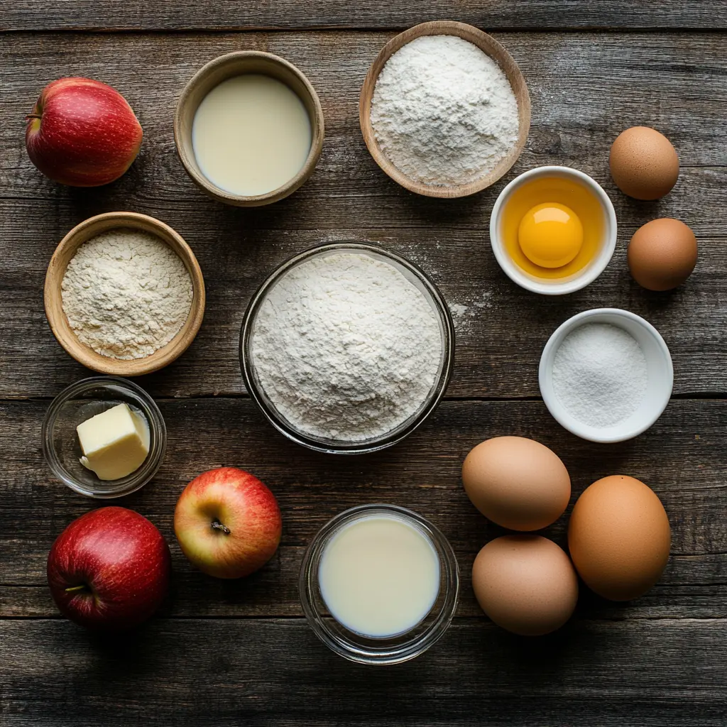 Amish Applesauce Cake Ingredients Flat lay of ingredients for Amish Applesauce Cake on rustic table