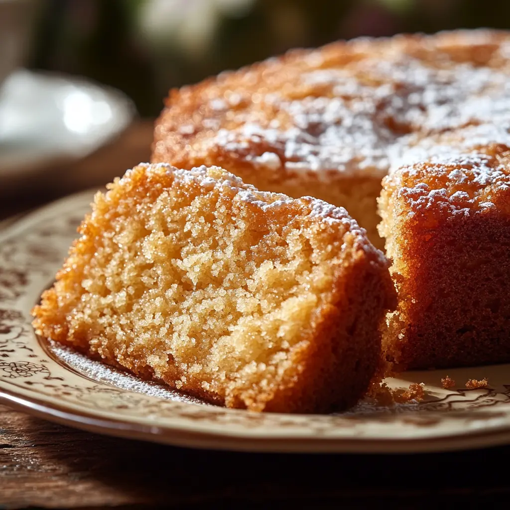 Slice of Amish Applesauce Cake on a vintage plate with detailed texture