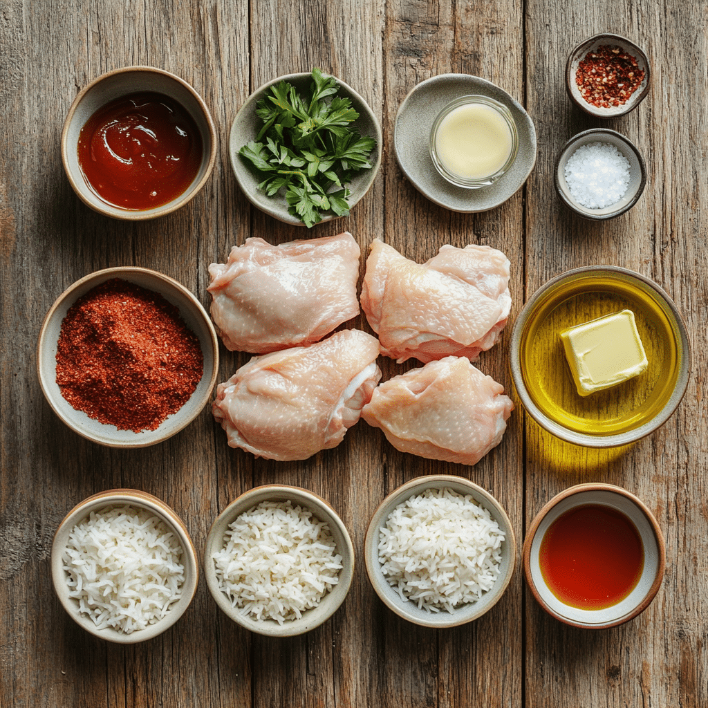 BBQ chicken and rice ingredients on a rustic surface
