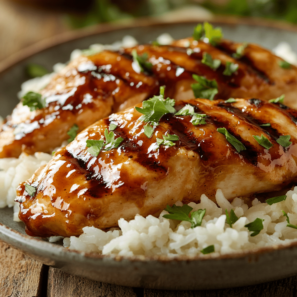 Barbecue chicken served on a plate with rice