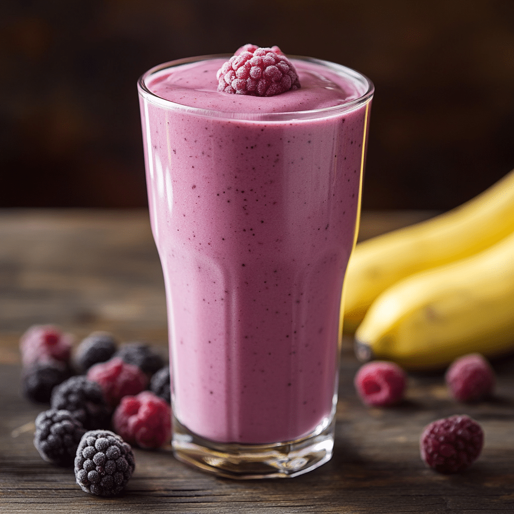 A creamy, vibrant Banana Berry Protein Smoothie in a clear glass.