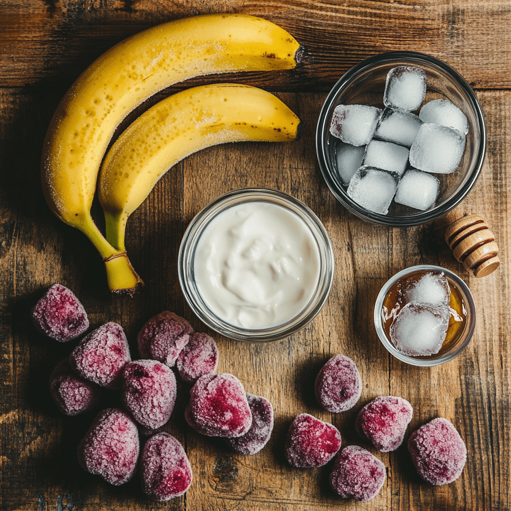 Banana Berry Smoothie Ingredients Ingredients for Banana Berry Protein Smoothie arranged on a rustic table.