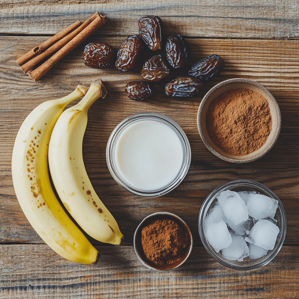 Banana Date Smoothie – Ingredients Ingredients for Banana Date Smoothie laid out on a wooden surface