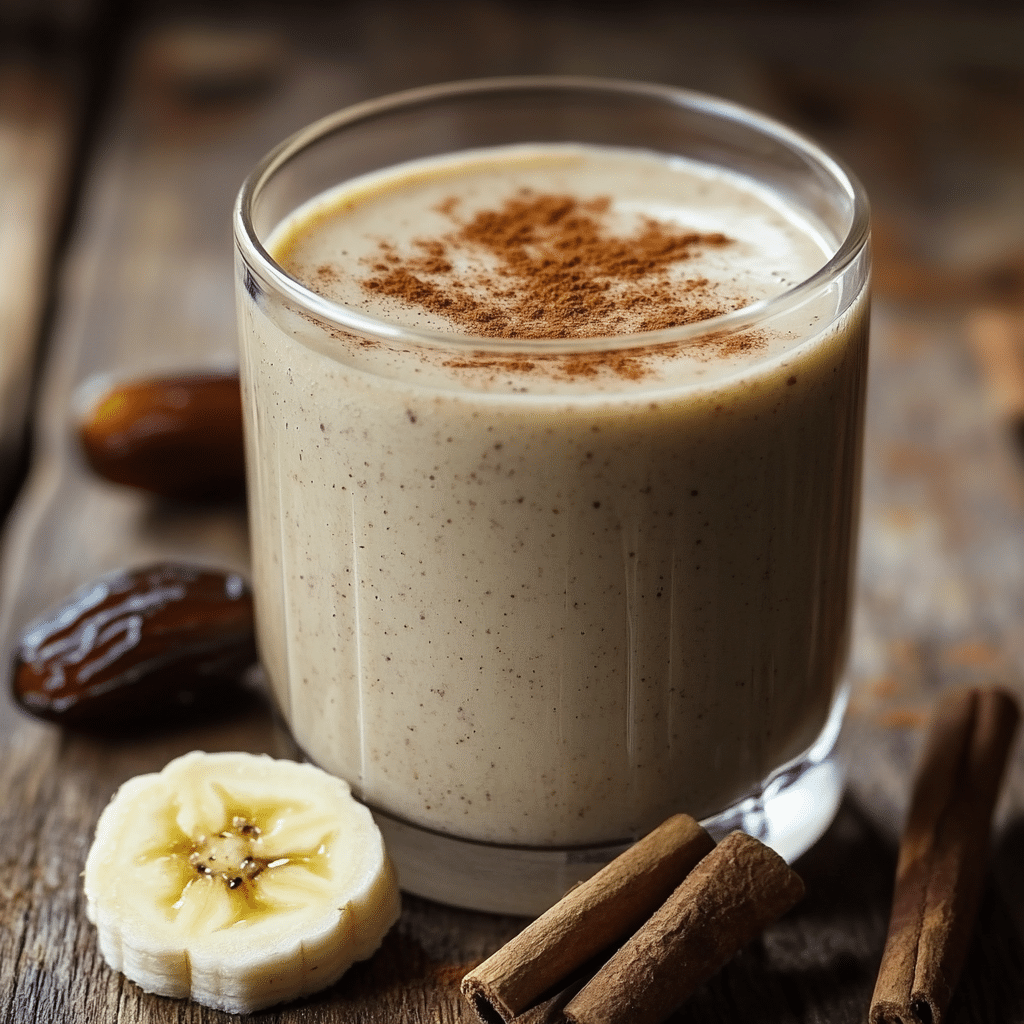 Banana Date Smoothie A creamy Banana Date Smoothie in a clear glass with cinnamon and dates