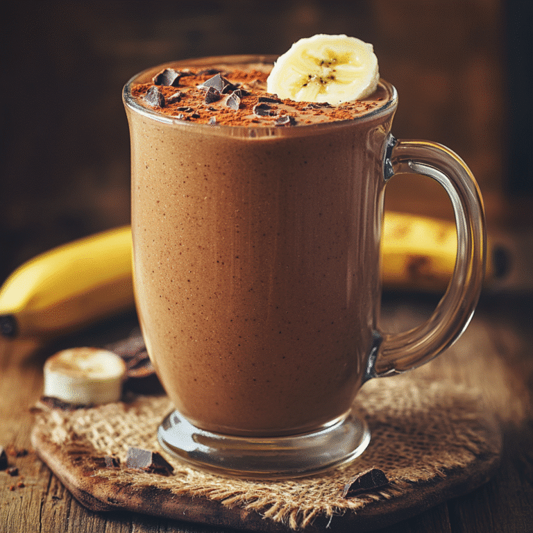Creamy banana and cocoa smoothie in a glass mug