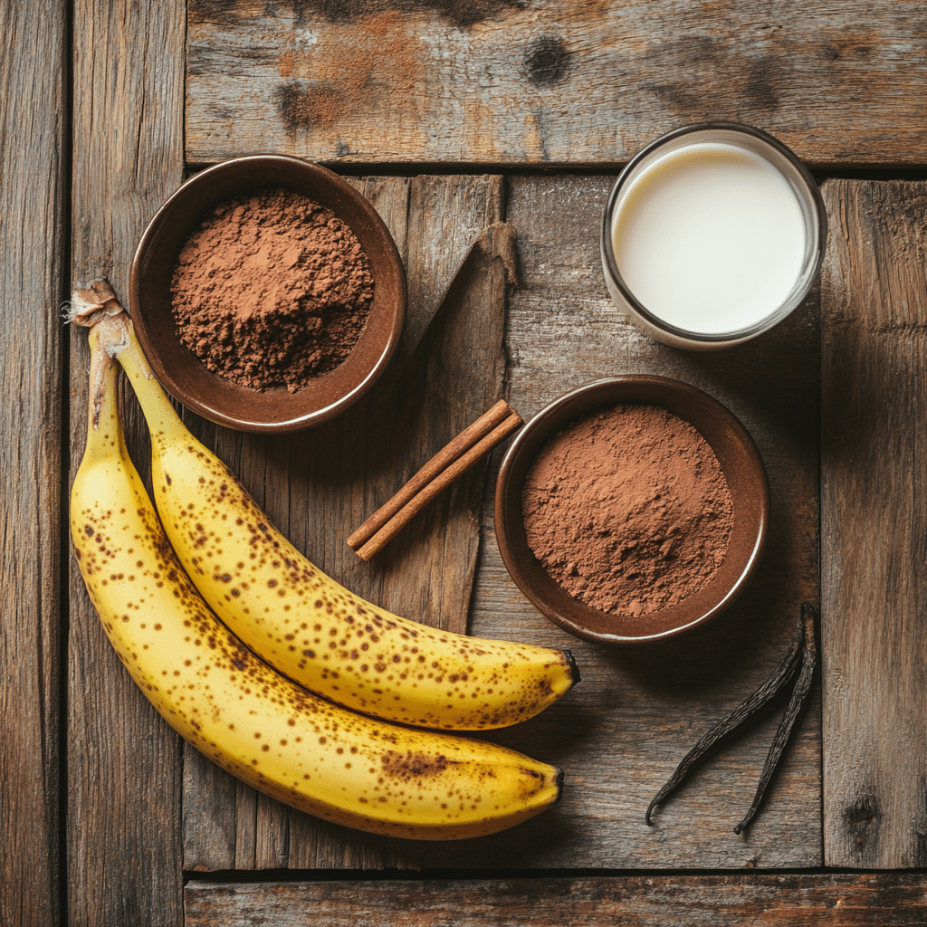 Banana and Cocoa Smoothie Ingredients Flat lay of banana, cocoa powder, and other smoothie ingredients