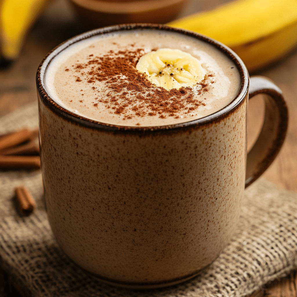 Banana and Cocoa Smoothie Served Banana and cocoa smoothie in a cozy ceramic mug
