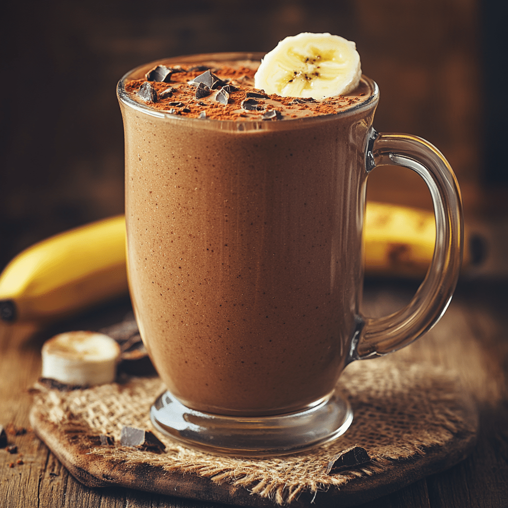 Creamy banana and cocoa smoothie in a glass mug