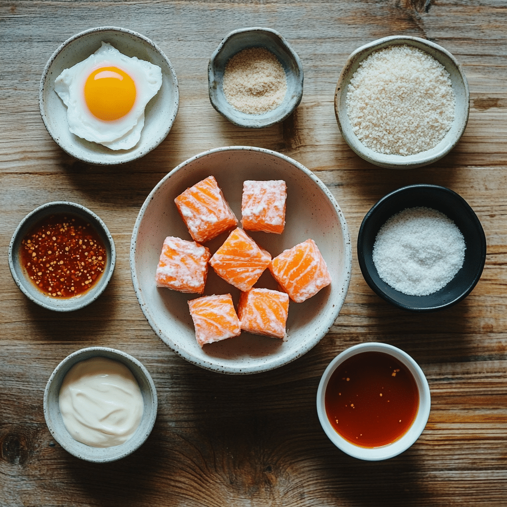 Bang Bang Salmon Bites Ingredients Ingredients for bang bang salmon bites on wooden table