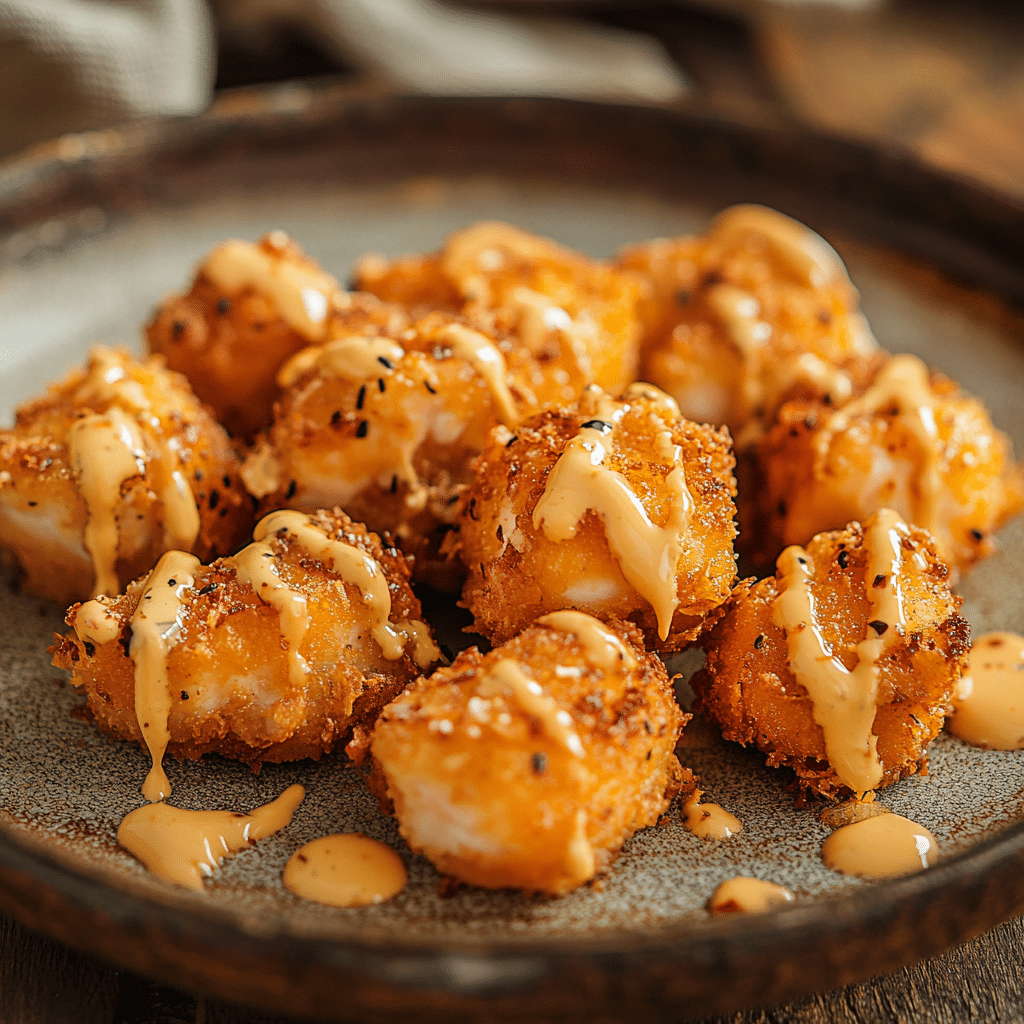 Bang Bang Salmon Bites Crispy bang bang salmon bites drizzled with spicy sauce