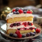 Slice of Berry Cake on a vintage plate with layers of berries and cream