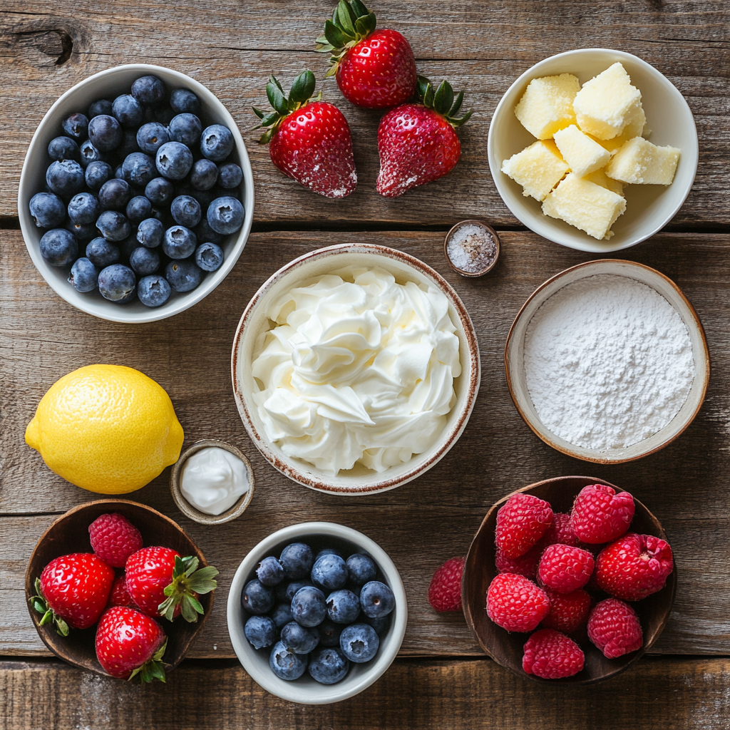Berry-Cake-Ingredients Flat lay of fresh berries and other ingredients for Berry Cake.