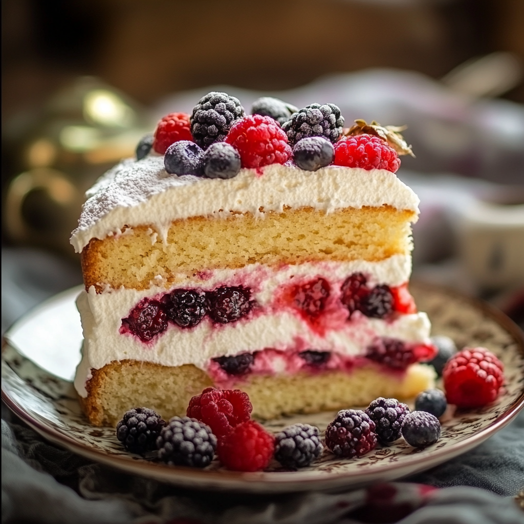 Berry-Cake Slice of Berry Cake on a vintage plate with layers of berries and cream