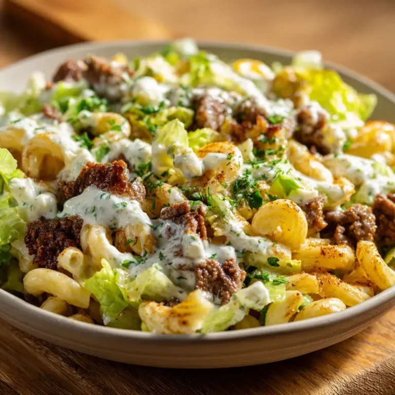 A bowl of big mac salad with dressing