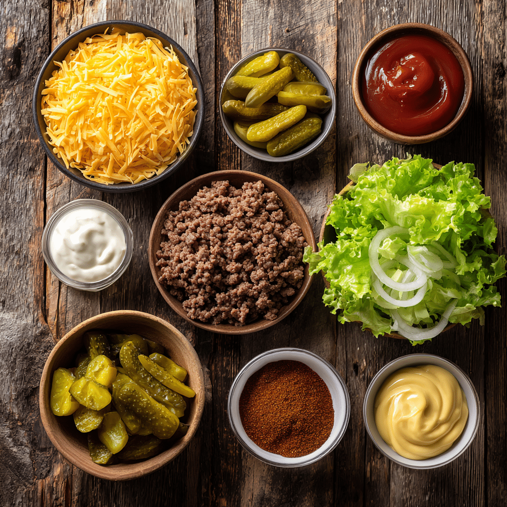 Big Mac Salad Ingredients Flat lay of fresh ingredients for big mac salad